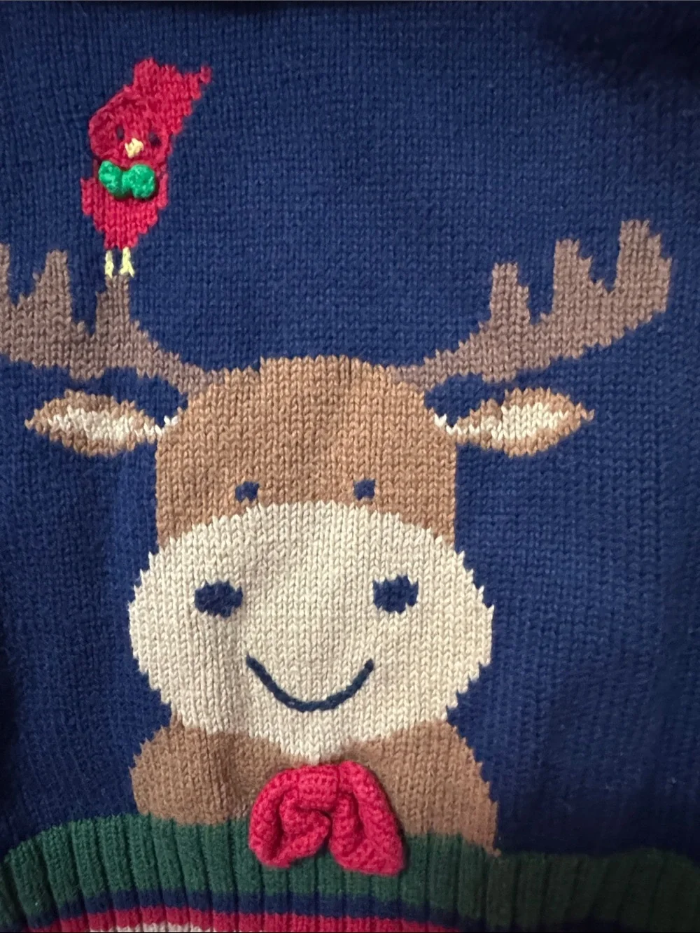 Florence Eiseman Navy Crewneck Moose Sweater with Red Cardinal